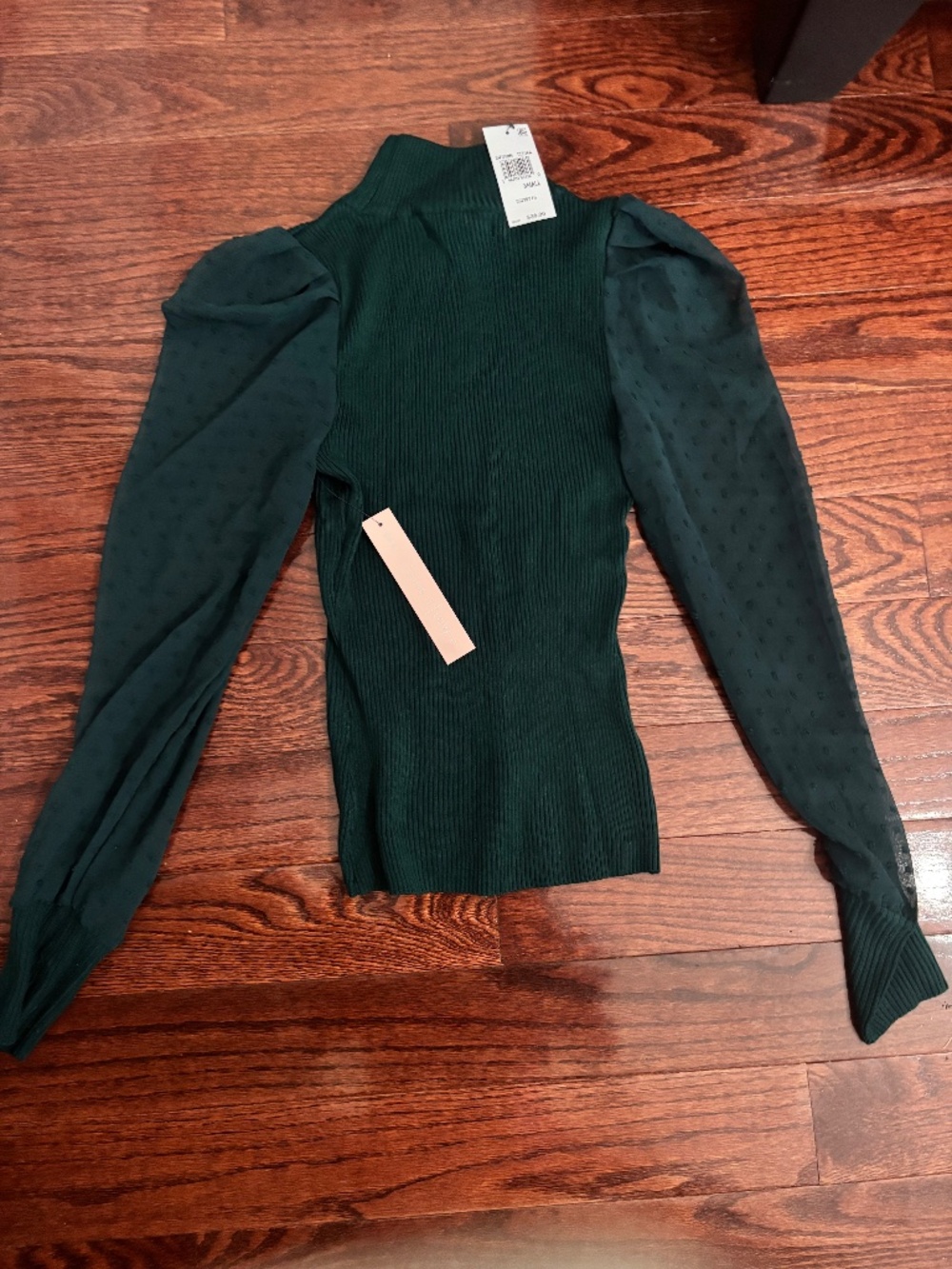 Crave Fame Hunter Green Ribbed Mock Neck Top NWT Small Sheer Puff Sleeve